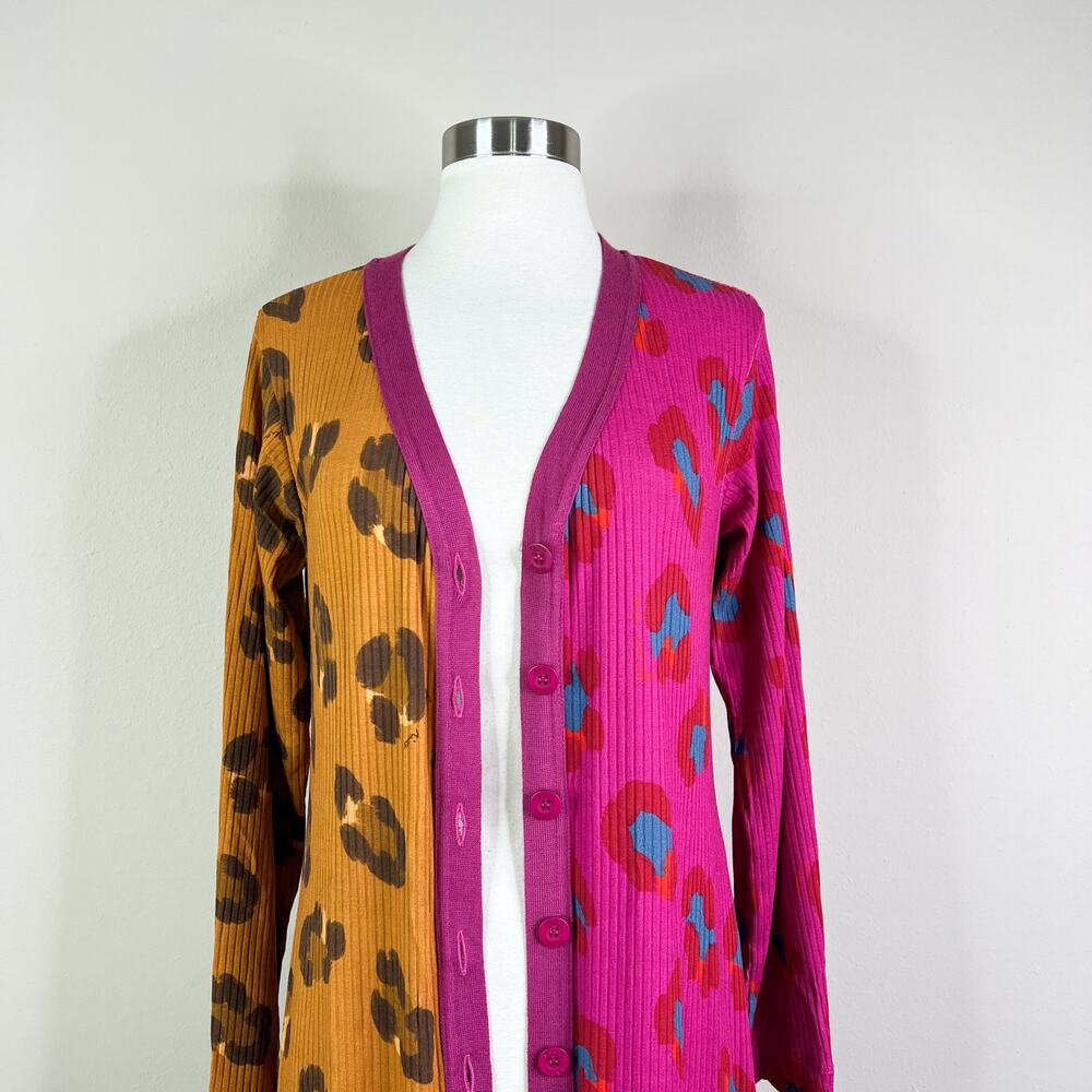 FARM Rio | Cheetah Leopard Print Contrast Pink Ribbed Duster Cardigan Sweater L - Picture 3 of 11